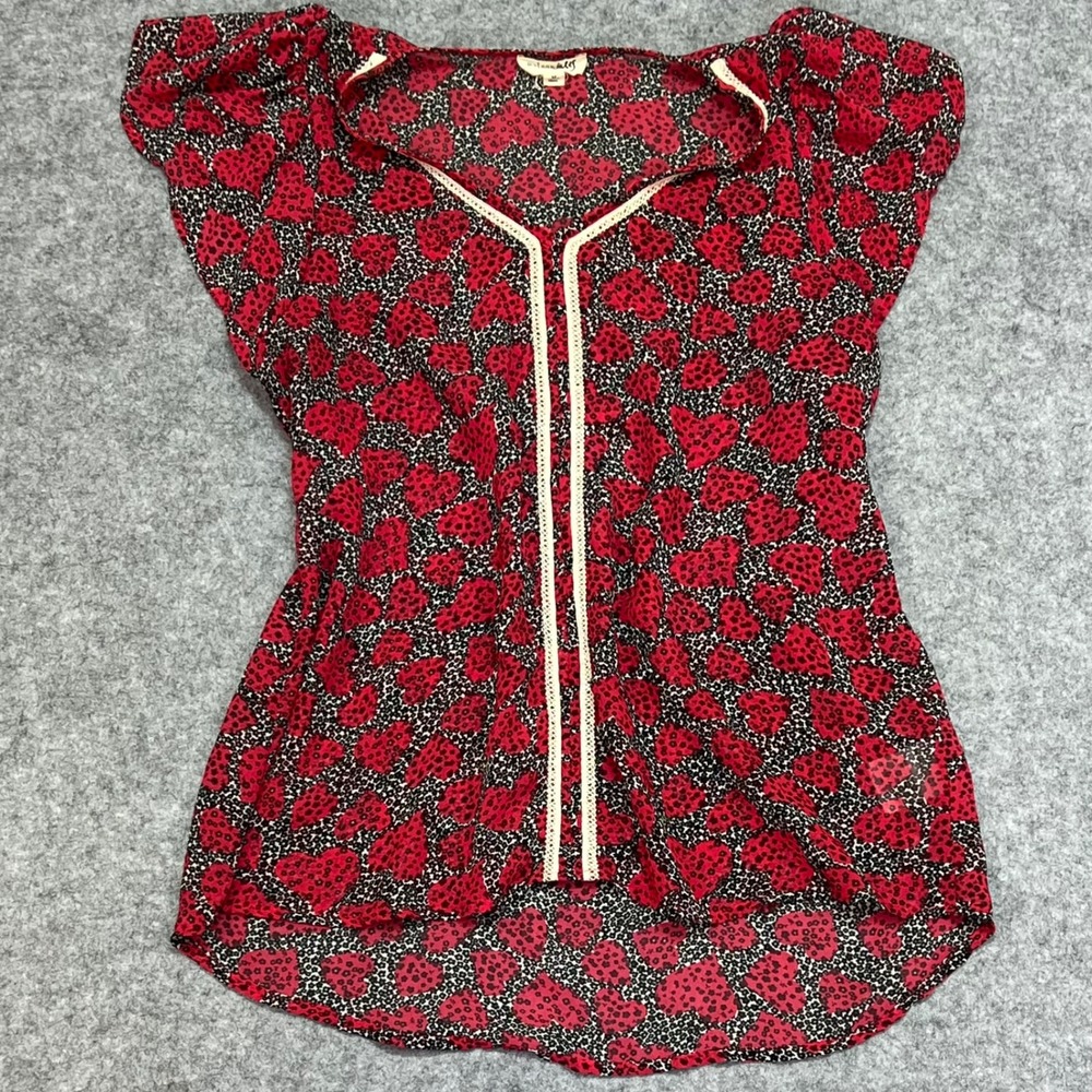 Maison Jules Red Heart Print Chiffon Blouse Crochet Trim Cap Sleeve Medium